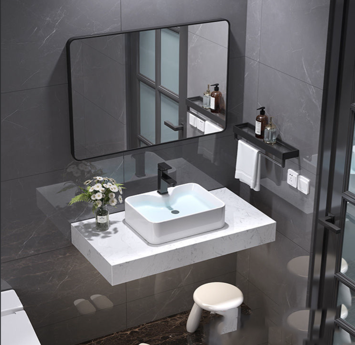 Bàn Lavabo Đá Nhân Tạo Trắng Nguyên Khối