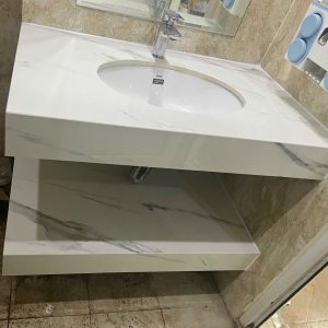 Bàn đá đôi lavabo chống xước ,đá Lamar ép nung – vân đá trắng - 02
